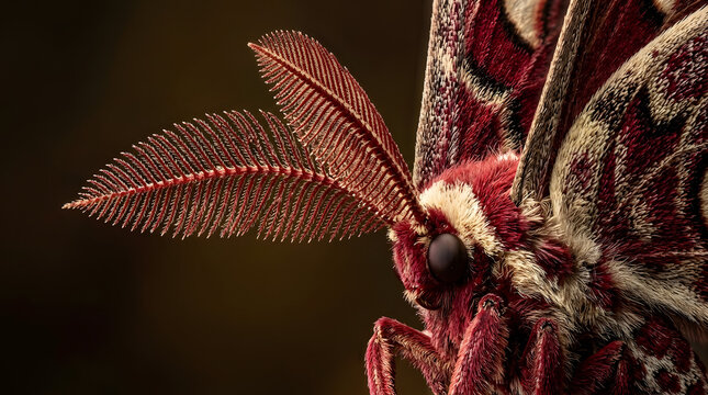 Extreme Macro Portrait Of A Moth With Feathery Bipectinate Antennae And Vibrant Red Patterned Wings
