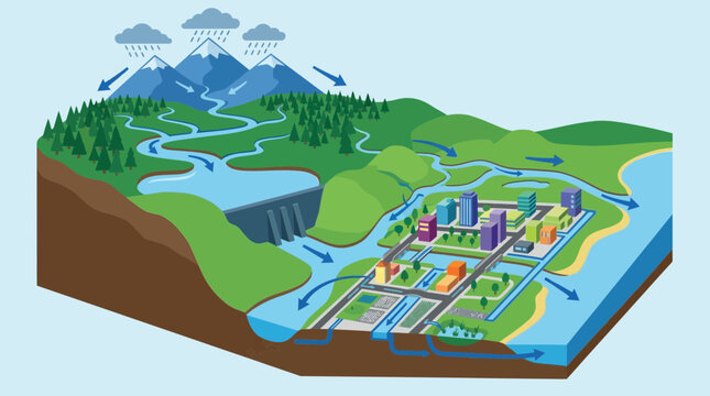 Water Cycle Infographic with Dam and City Infrastructure Illustration