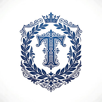 Elegant Monogram T With Laurel Wreath and Crown
