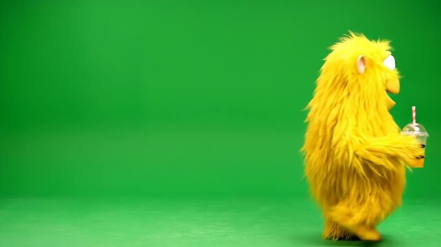 Green Screen Yellow Fluffy Monster Drinking from Cup with Straw