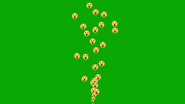 Animated stream of social media wow reactions against green screen background, Animated social media reaction emojis and hearts, care, like, haha, floating upwards on a black background