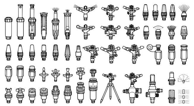 Professional irrigation sprinkler heads and garden watering equipment vector icon set featuring various nozzle types and spray patterns for agricultural and residential lawn care systems
