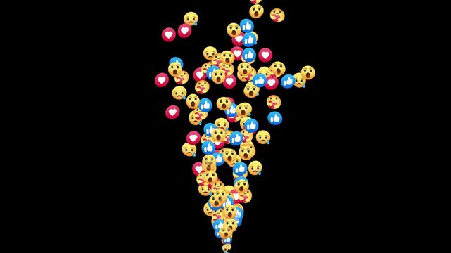 Animated social media reaction emojis and hearts, care, like, haha, floating upwards on a black background, Social media icons and emojis float across high, Advertising animation icon