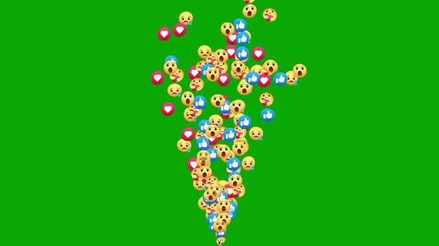 Animated social media reaction emojis and hearts, care, like, haha, floating upwards on a black background, Social media icons and emojis float across high, Advertising animation icon