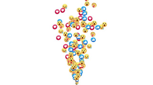 Animated social media reaction emojis and hearts, care, like, haha, floating upwards on a black background, Social media icons and emojis float across high, Advertising animation icon