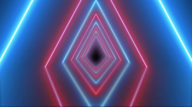 Abstract background flight through tunnel loop. Digital tringle tunnel loop idea. 3d rendering seamless loop motion of tunnel with pink and blue neon light.