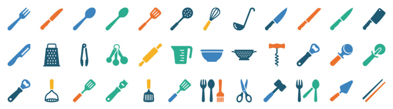 Set of Colorful Kitchen Utensils and Cooking Tool Icons