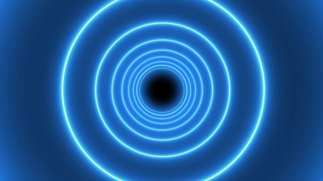 Neon tunnel made by growing circles - Infinite loop.  cycled 3d animation, hypnotizing intro. Moving through the endless tunnel made of neon rings. Glowing round frames, laser lines appear in the dark