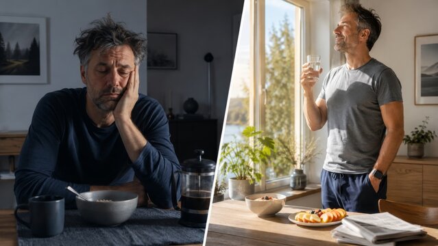 Exhausted morning routine and renewed vitality in natural light