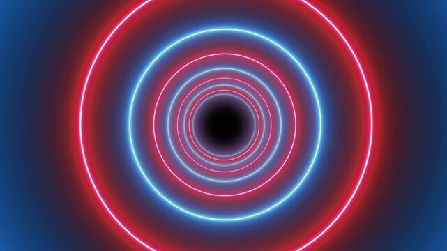 Neon tunnel made by growing circles - Infinite loop.  cycled 3d animation, hypnotizing intro. Moving through the endless tunnel made of neon rings. Glowing round frames, laser lines appear in the dark