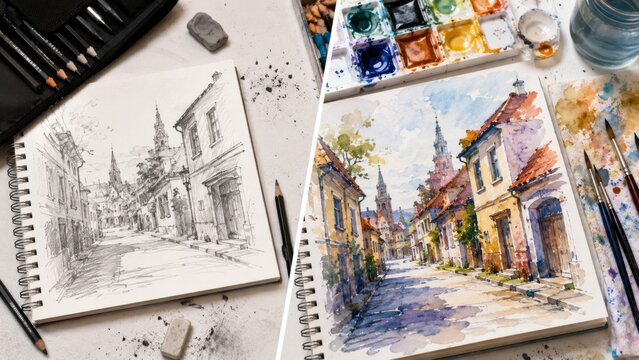 Pencil street sketch and vibrant watercolor city illustration