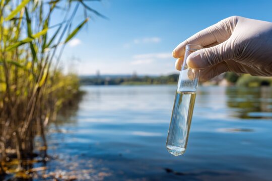 Scientist wearing protective gloves collecting water sample in a test tube from a lake for environmental analysis and pollution monitoring purposes outdoors