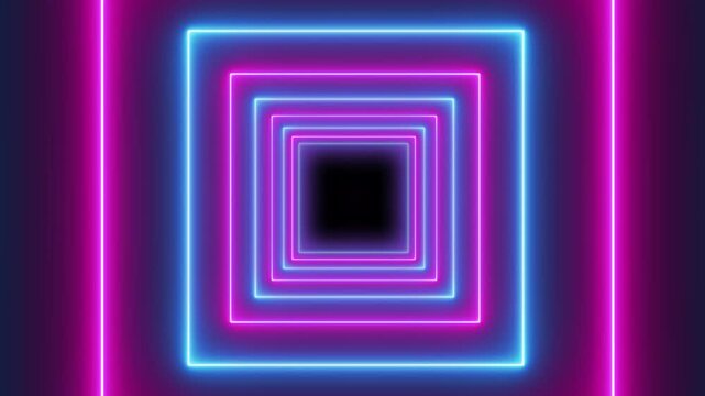 Neon tunnel glowing square tunnel background. futuristic neon tunnel lighting lines. neon wave. VJ light event particles concert intro game edm music stage party openers titles led neon tunnel