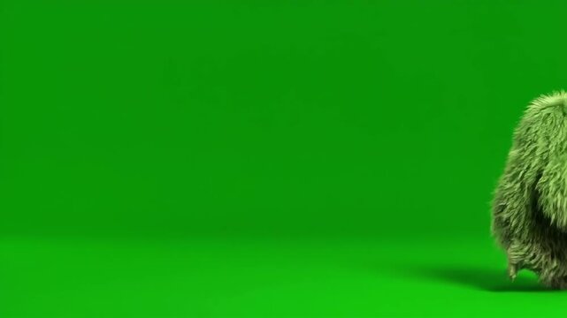 Green Screen Animated Fluffy Green Monster Smiling and Raising Both Arms