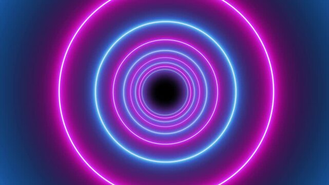 Neon tunnel made by growing circles - Infinite loop.  cycled 3d animation, hypnotizing intro. Moving through the endless tunnel made of neon rings. Glowing round frames, laser lines appear in the dark