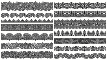 Collection of intricate black and white decorative borders with paisley and floral patterns, ideal for graphic design elements. © Clairo