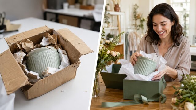 Poor packing and elegant ceramic gift presentation with flowers