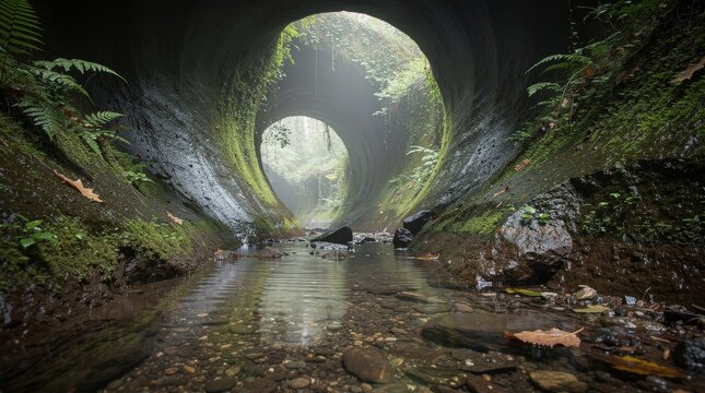 Sunlit Natural Tunnel Cave with Stream and Lush Greenery