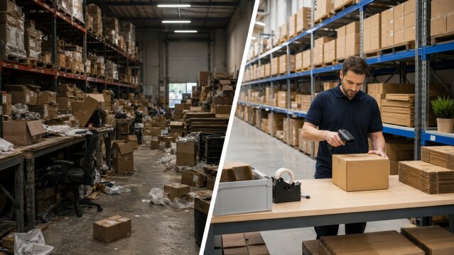 Dusty warehouse and clean fulfillment zone with scanning worker