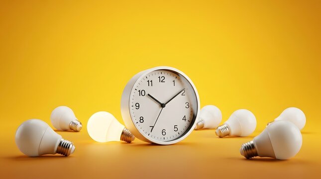 Analog clock surrounded by white lightbulbs and one glowing yellow bulb on a bright yellow background representing time for new ideas and deadlines