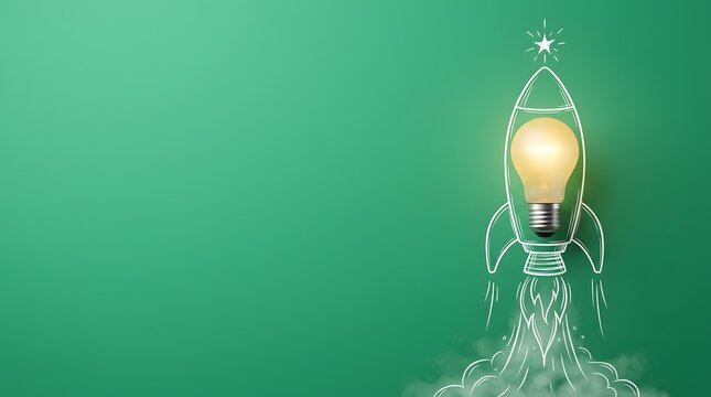 Glowing lightbulb inside a hand drawn sketch rocket taking off on green background representing business startup and creative innovation