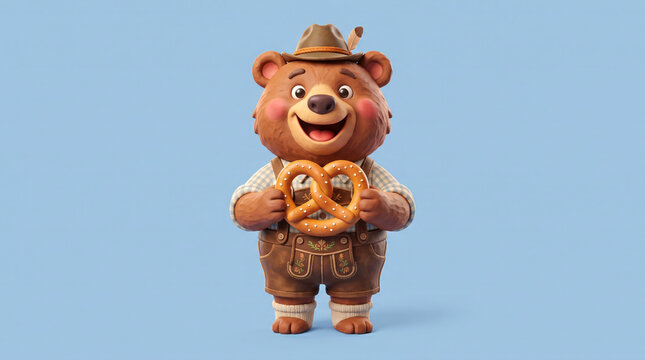Cute 3D cartoon bear mascot in traditional Bavarian lederhosen holding pretzel, isolated
