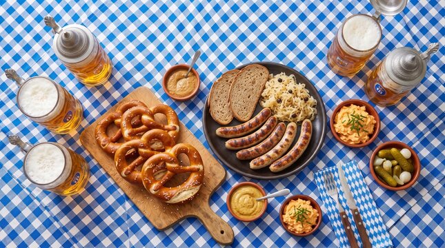 Flat lay of traditional Bavarian food feast with grilled sausages, pretzels and beer mugs