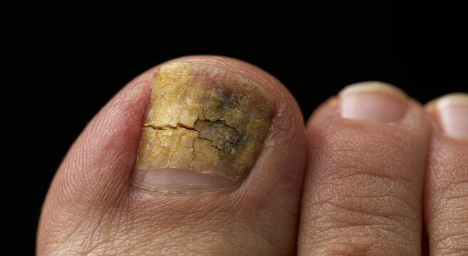 Close-up of a discolored, thickened, and cracked toenail against a dark background