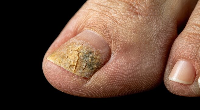 Close-up of a discolored, thickened, and brittle toenail against a dark background