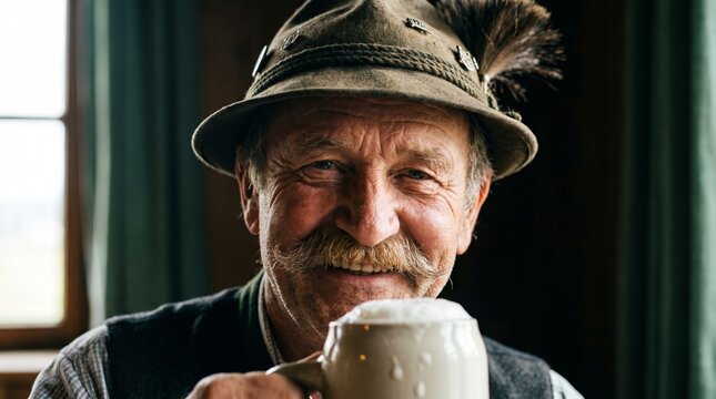 Smiling senior Bavarian man with mustache and traditional hat holding beer stein in tavern