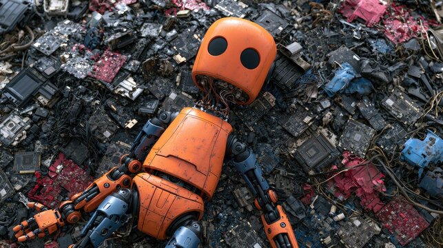 A broken orange robot lies amidst electronic waste and debris