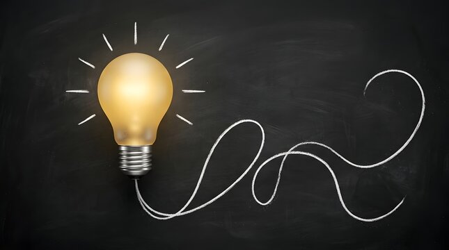Glowing yellow lightbulb with a tangled chalk cord drawn on a blackboard representing complex problem solving and creative educational ideas