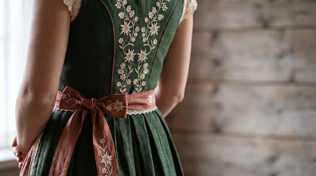 Back view of woman in embroidered green Bavarian dirndl dress with pink ribbon, copy space