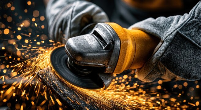 Metalworker with gloves grinds metal, creating a shower of bright orange sparks