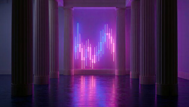 Neon financial graph illuminated between classical columns in a dark, reflective space