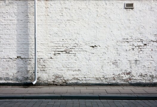 Textured white brick wall with metal pipe and textured pavement