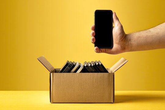 Hand holds single smartphone above box of assorted devices