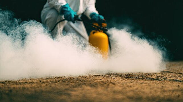 Hazmat worker fumigating with spray