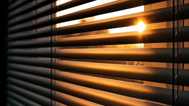 Sunlight streams through venetian blinds, casting warm golden rays