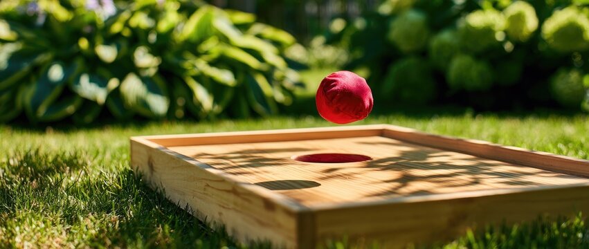 A red ball hovers above a wooden board with holes in a sunlit garden