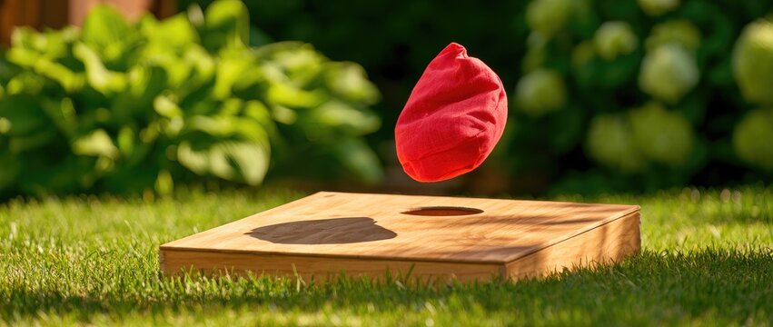 A red bag mid-air hovers above a wooden board with a hole in a grassy yard