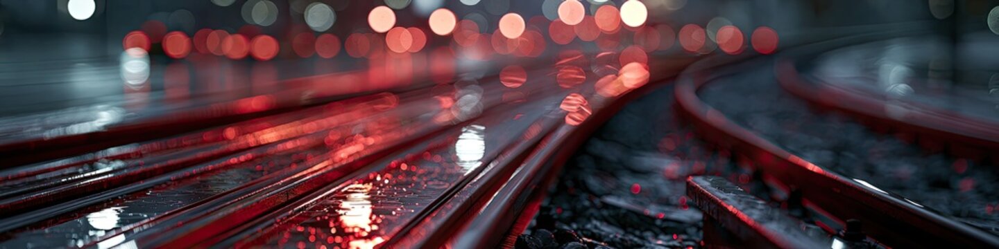 Wet train tracks reflect blurred red and white lights in a city at night