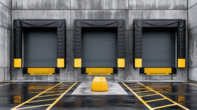 Three industrial loading docks with yellow bumpers and markings