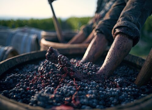 People's feet stomp grapes in a wooden barrel outdoors