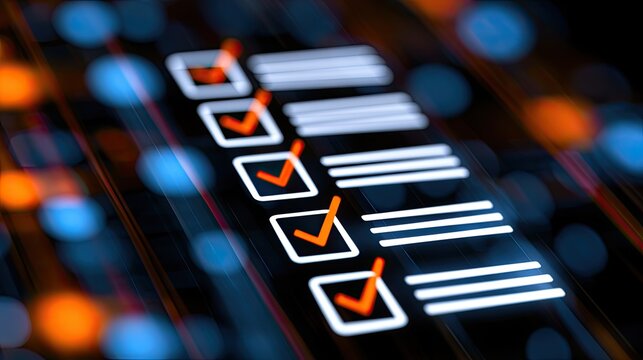 Illuminated checklist with glowing orange checkmarks on digital grid