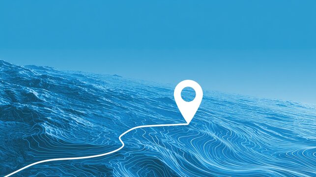 Blue topographic map with a white location marker and curved path