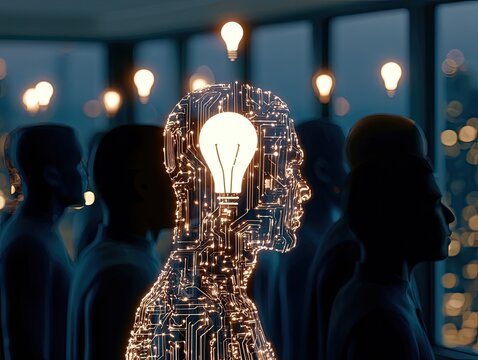 Illuminated mindscape of circuitry within a head, glowing with ideas