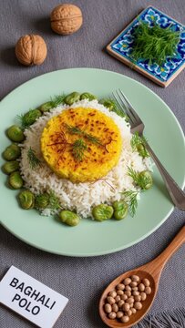 Fluffy dill rice with fava beans, saffron crust, and micro-dill, styled with a wooden sign, wool cloth, wooden spoon, and a blue ceramic tile on a soft green background with ample copy space.