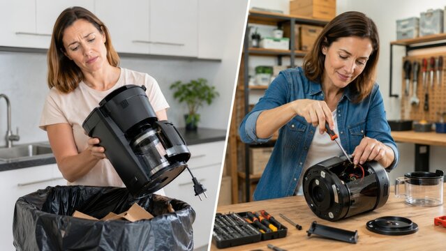 Broken coffee maker and home repair setup with tools