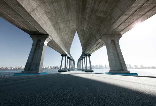 Geometric concrete bridge spans a calm blue bay, city skyline distant